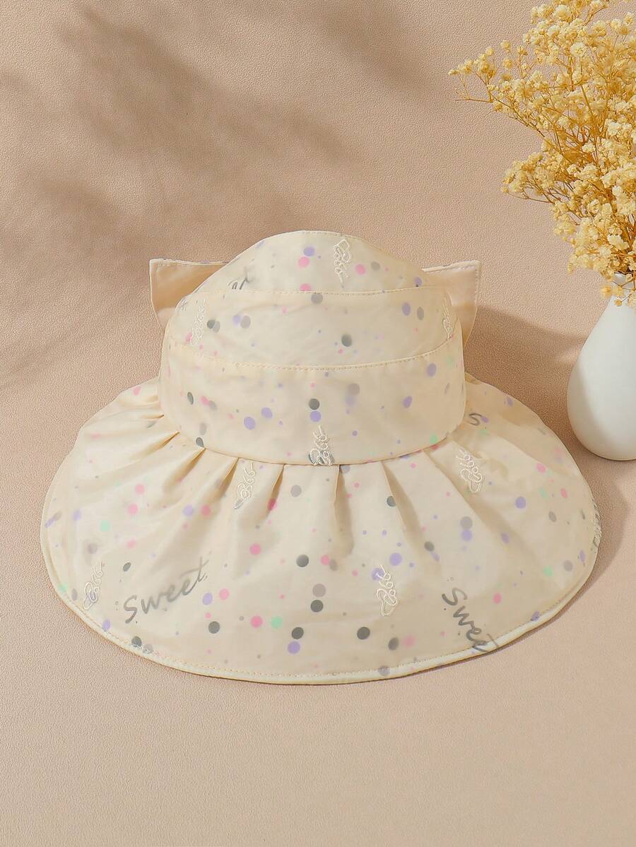 1件女童波點及字母細節大蝴蝶結遮陽帽,大邊遮陽,適合親子戶外活動,可摺疊攜帶 - 卡其色 - 查看 1