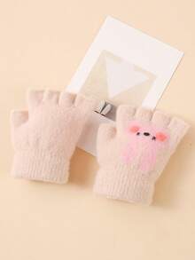 1pair Winter Cartoon Bunny Half Finger Baby Gloves For Boys And Girls, Warm And Cute - Beige - View 2