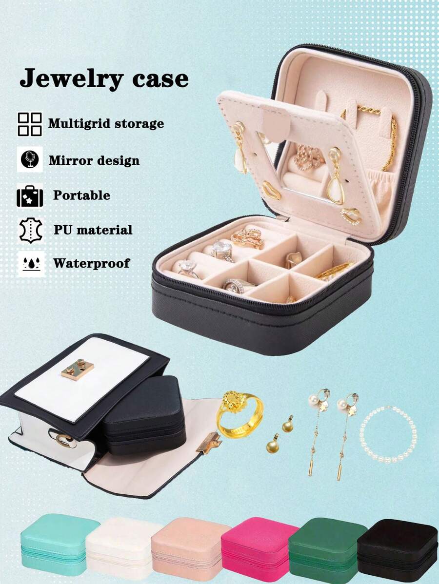 1 Pieza Caja De Joyería De PU Portátil Con Espejo, Organizador De Joyas Para Almacenamiento De Collares, Aretes Y Anillos, Previene La Oxidación Y El Polvo. Incluye Espejo De Maquillaje, Un Regalo Ideal Para Navidad Y Año Nuevo Para Chicas - Multicolor - Ver 1