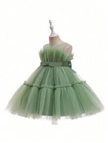 Vestido De Princesa Sólido Sin Mangas Para Niñas De Talla Intermedia Con Malla Y Detalles De Lazo Y Flor - Verde - Ver 5