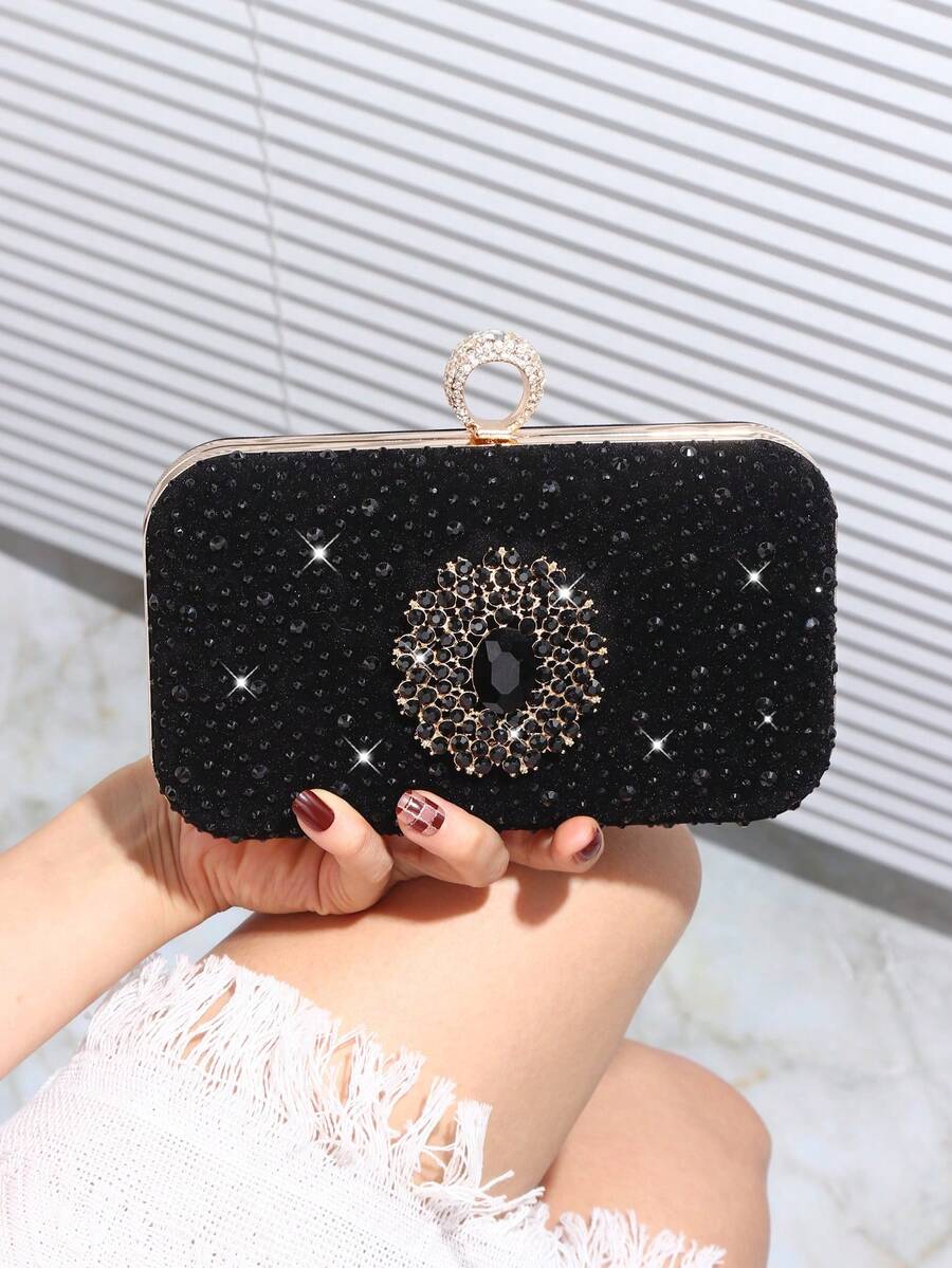 寶石和萊茵石裝飾閃閃發光的金屬鏈手拿包,帶有戒指細節,經典晚餐包適合情人節、婚禮、派對、舞會、生日禮物