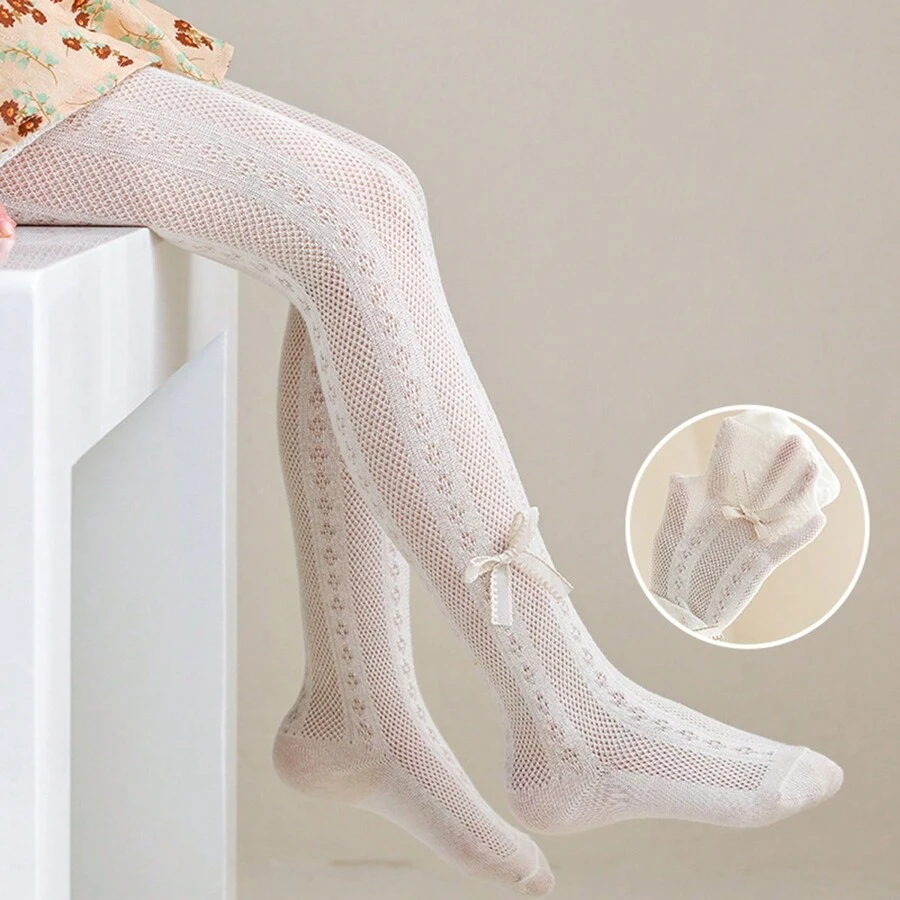 1條女童全季蚊蟲驅避超薄網眼寬條紋和蝴蝶結設計緊身褲 - 白色 - 查看 1