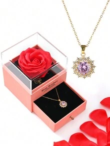1盒粉色時尚華麗的銅鍍18k金鋯石嵌鑲愛心、月亮、太陽、花形吊墜項鍊,配有人造玫瑰花禮盒包裝,是情人節、情侶、女性日常穿搭的完美禮物 - 粉色 - 查看 2