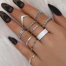 10pcs European And American Metal Twisted Pearl Ring, Hollow Out Oil Drip Simple Open Ring - Silver - View 2