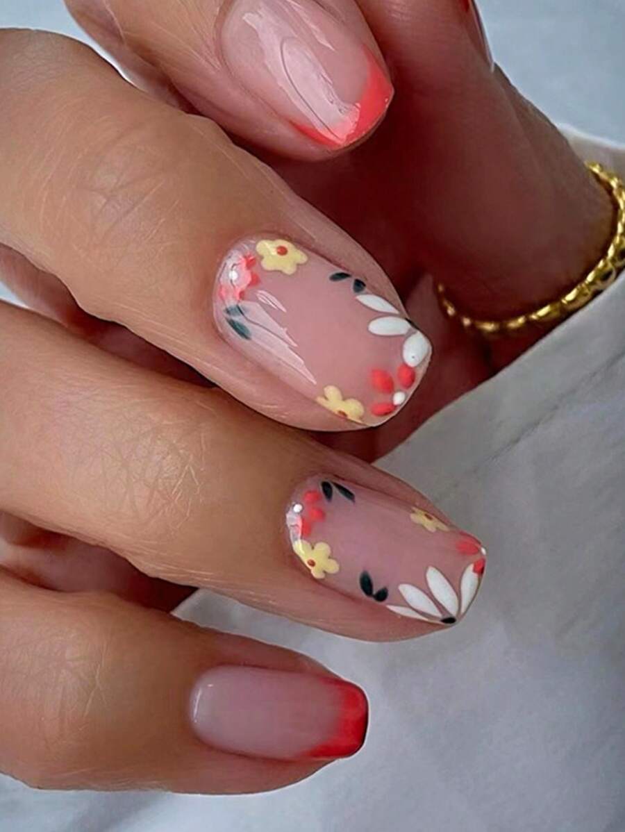 24 cái/bộ Thanh lịch Và Đơn giản Màu hồng Hoa Thiết kế Che đậy hoàn toàn Nghệ thuật làm Móng Nhắc Đối với Hằng ngày , Buổi tiệc , Năm mới Lễ ăn mừng - Hồng - Xem 1