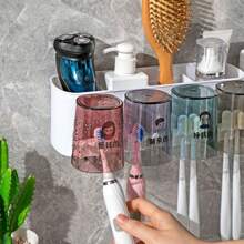 1set Wall Mounted Toothbrush Holder, Toothpaste Dispenser, Cups Holder And Wall Hooks, No Drilling Required Home Bathroom Decor Fall Decor Back To School - F Type 4 Toothbrush Cups + Toothpaste Squeezer - View 4