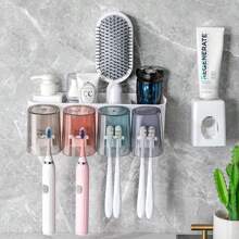 1set Wall Mounted Toothbrush Holder, Toothpaste Dispenser, Cups Holder And Wall Hooks, No Drilling Required Home Bathroom Decor Fall Decor Back To School - F Type 4 Toothbrush Cups + Toothpaste Squeezer - View 3