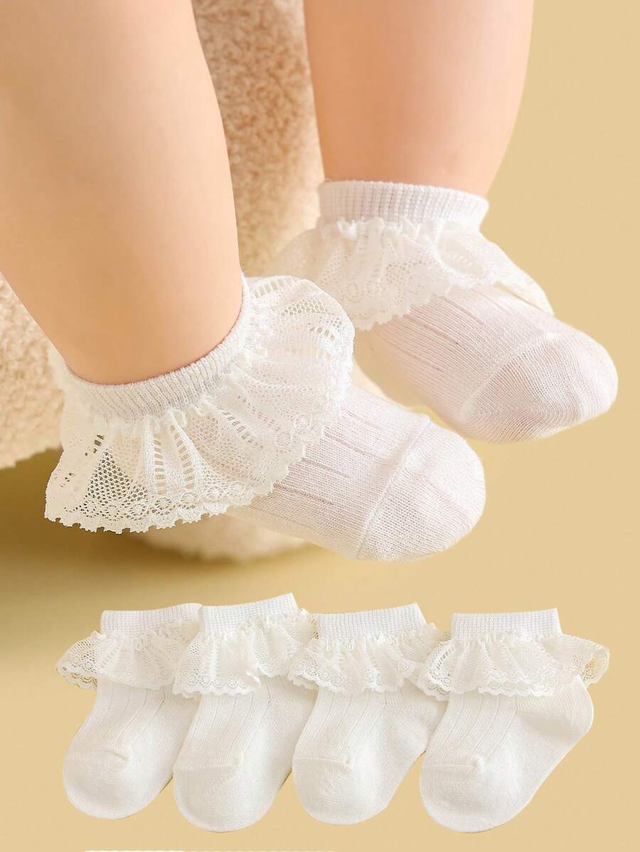 4 Pairs Girls Sweet Princess Style Cute Baby Socks, For Party, Casual, Holiday And Dance, Etc. - White - View 1