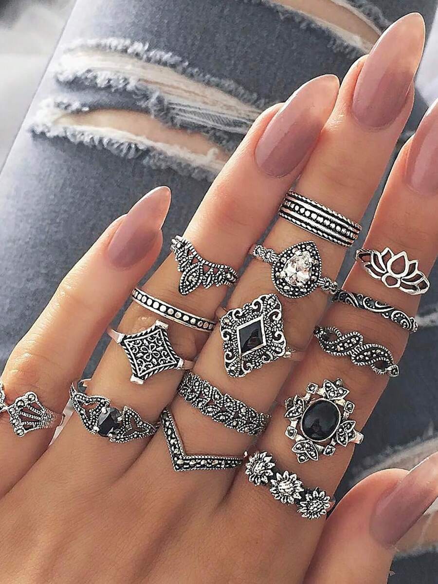 15 Peças Vintage Boêmio Lótus 15 Conjunto De Anéis