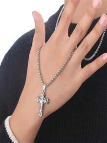 1pc Fashionable Titanium Steel Cross Pendant Necklace With Diamond For Men And Women - Silver - View 1