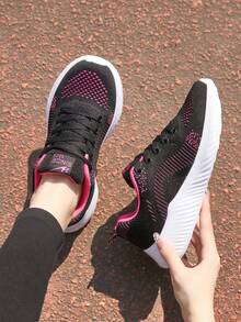 SHUANGXING 女性跑步鞋2024新款春季網眼透氣運動鞋女士休閒鞋,黑色/粉紅色/紅色 - 玫紅色 - 查看 5