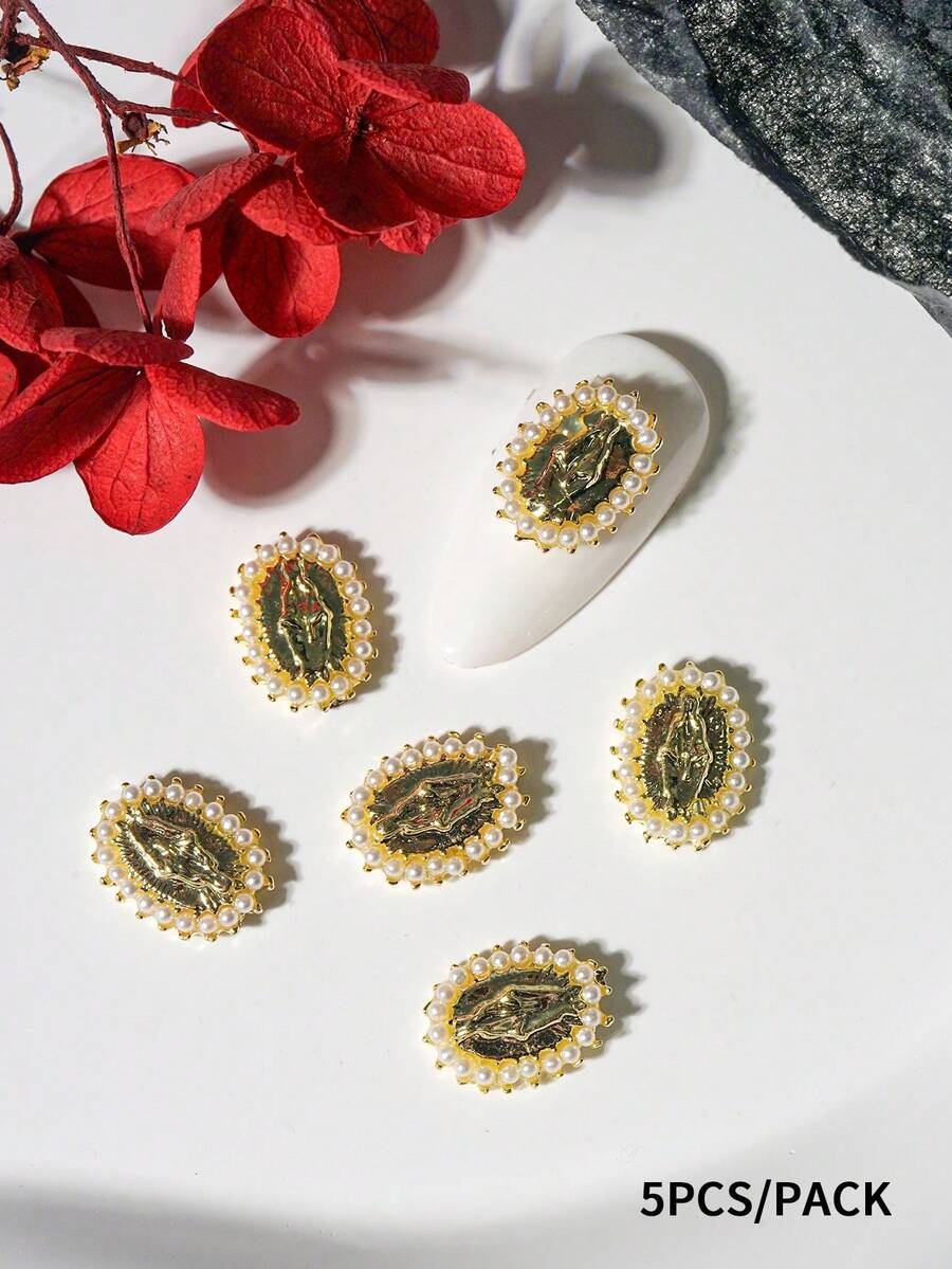 Beautizon Nailartlab 5件套圣母玛利亚美甲装饰品,复古3D圣犹达美甲吊坠,合金圣母玛利亚美甲饰品,水钻美甲DIY配件 - 金色 - 查看 1