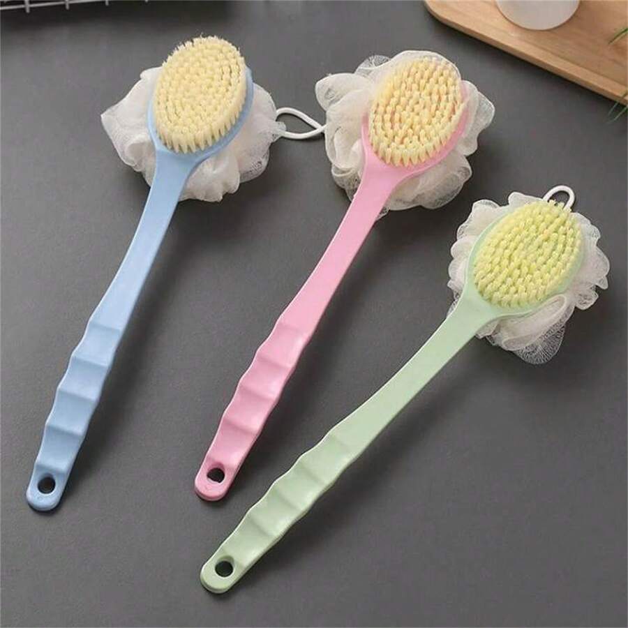 Bath Brush Double Sided Long Handle Soft Hair Back Scrubbing Massage Brush - Pink - View 1