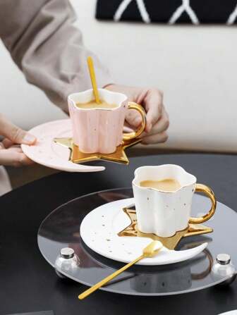 1set 120ml Moon & Stars Coffee Cup & Saucer With Spoon, Nordic Style Ceramic Coffee Cup Set For Girls Home Gift