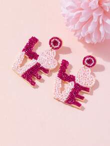 Love Valentine's Day Rice Beads Earrings, Sweet, Lovely, Romantic, Handmade Dangle Earrings - Hot Pink - View 11