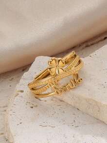 2pcs/Set Vintage Personalized Stainless Steel 18k Gold Plated Flower Decorated Open Ring And Necklace Set, Suitable For Women To Wear At Parties And Daily Life - Yellow Gold - View 11