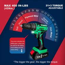 20v無線鑽頭,tegatok無刷鑽頭,最大扭矩400英寸,兩個2.0ah電池,1小時快速充電器,21+3扭矩設置,1/2"自動夾頭,31件鑽頭套裝,適用於家用裝修和diy項目。 - 綠色 - 查看 6