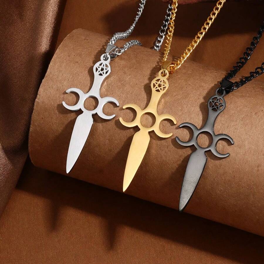 1個時尚五角星和劍吊墜項鍊,男士朋克風格不鏽鋼珠寶,嘻哈禮物 - 銀色 - 查看 1
