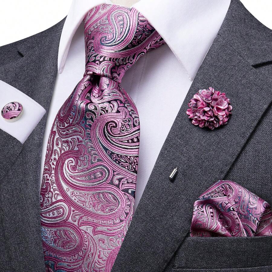 超长 160 厘米粉灰色佩斯利男士真丝领带 4 件领带口袋巾袖扣花卉别针胸花婚礼情人节礼物约会晚餐套装 - 粉色 - 查看 1