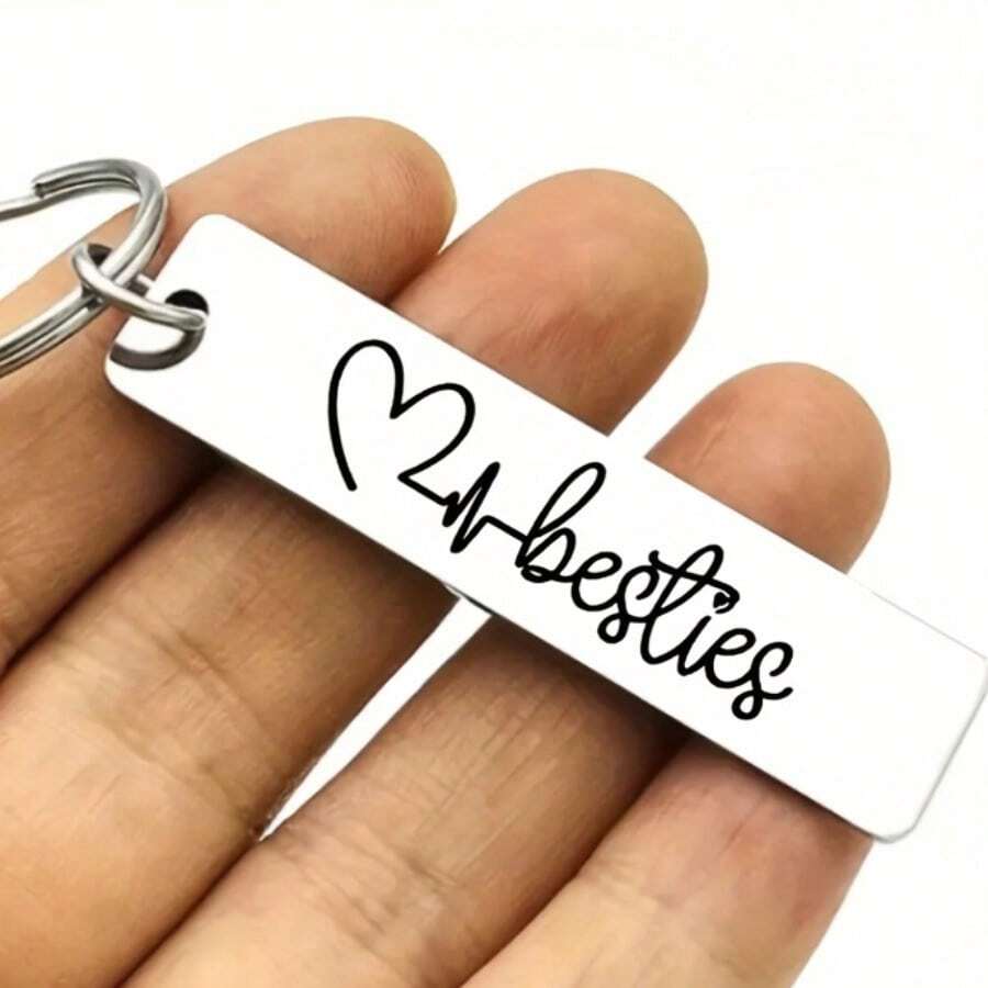 1pc Women Best Friend Stainless Steel Keychain Heartbeat Engraved Funny Friendship Gifts For Besties - Silver - View 1