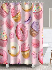 4 件套創意甜甜圈圖案浴簾套裝,包括防水浴簾、12 個掛鉤、浴室墊、u 型馬桶墊、馬桶蓋、浴室裝飾、浴室窗簾套裝 - 彩色 - 查看 3