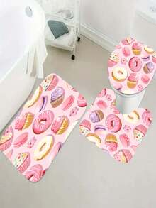 4 件套創意甜甜圈圖案浴簾套裝,包括防水浴簾、12 個掛鉤、浴室墊、u 型馬桶墊、馬桶蓋、浴室裝飾、浴室窗簾套裝 - 彩色 - 查看 5