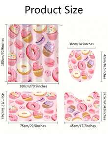 4 件套創意甜甜圈圖案浴簾套裝,包括防水浴簾、12 個掛鉤、浴室墊、u 型馬桶墊、馬桶蓋、浴室裝飾、浴室窗簾套裝 - 彩色 - 查看 2