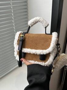 Fall/Winter Suede Tote Bag With Superior Sensation Casual Shoulder Bag For Women Single Strap Fashionable Minimalist Contrast Color Square Bag Suitable For Commuting, Dating And Working Crossbody Bag With Small Round Bag - Brown - View 2