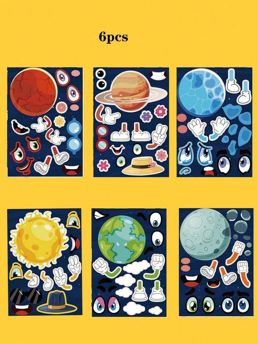 6 Packs Make-A-Face Sticker Set, Create Solar System Space Stickers, DIY Craft Facial Sticker Decorations, Make Your Own Space Stickers, Suitable For Party Supplies & Gifts (Some Accessories Color Randomly Sent) - Multicolor - View 1