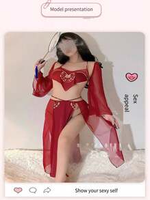 傳統日本風格性感蕾絲內衣套裝,包括肚兜、分裙和上衣 - 彩色 - 查看 4