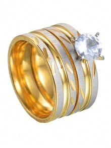 2入組/套金色不鏽鋼時尚男女戒指,適用於婚禮、派對及日常穿戴 - 金色 - 查看 9