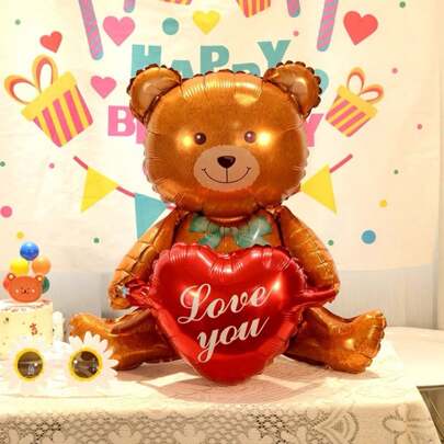 1pc 27-Inch Cute Brown Bear Hugging Heart Balloon, Valentine'S Day, Wedding & Bride Gift Decoration Balloon, Back To School Valentine Day
