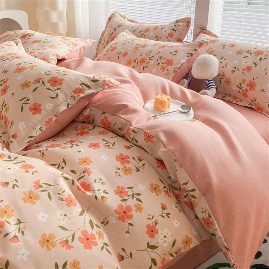 4入組鮮花印刷被套套裝（1張被套,1條床單和2個枕套,不包括被芯填充）,現代化聚酯纖維床品套裝,適用於四季 - 彩色 - 查看 1