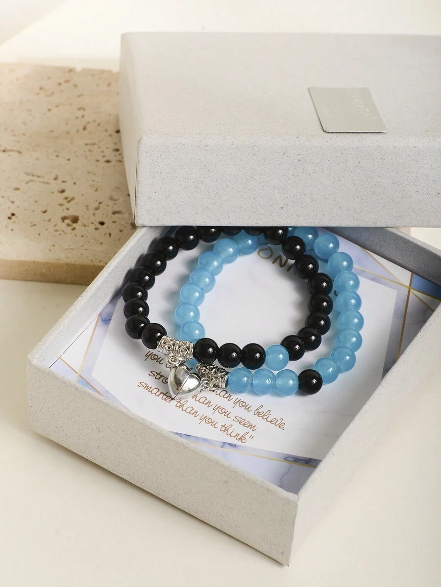 2入組藍色和黑色珠心吊墜磁鐵手鍊,配有精緻禮盒,非常適合作為新娘婚禮和浪漫場合,例如情人節禮物和求婚禮物 - 彩色 - 查看 1