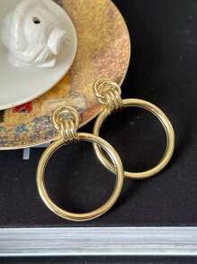 1對誇張o形耳環,有3個環,復古風格金屬耳環 - 金黃色 - 查看 3