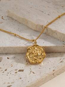 2pcs/Set Vintage Personalized Stainless Steel 18k Gold Plated Flower Decorated Open Ring And Necklace Set, Suitable For Women To Wear At Parties And Daily Life - Yellow Gold - View 6