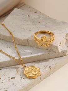 2pcs/Set Vintage Personalized Stainless Steel 18k Gold Plated Flower Decorated Open Ring And Necklace Set, Suitable For Women To Wear At Parties And Daily Life - Yellow Gold - View 4