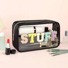 1個防水pvc拉鍊化妝包,透明絨毛字母化妝品收納盒,多功能尼龍透明旅行袋化妝刷袋（適用於女性） - 粉色 - 查看 3