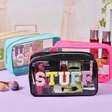 1個防水pvc拉鍊化妝包,透明絨毛字母化妝品收納盒,多功能尼龍透明旅行袋化妝刷袋（適用於女性） - 粉色 - 查看 2