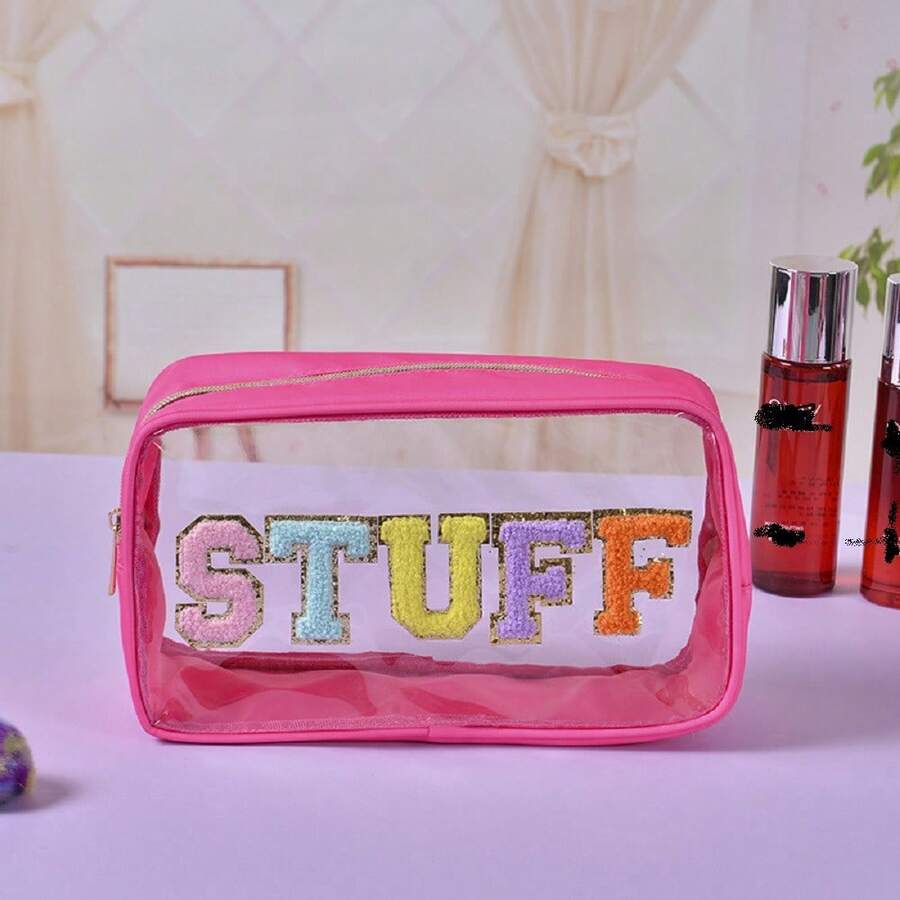 1個防水pvc拉鍊化妝包,透明絨毛字母化妝品收納盒,多功能尼龍透明旅行袋化妝刷袋（適用於女性） - 粉色 - 查看 1