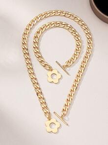 時尚類金屬厚鏈鈕扣並加入小花裝飾多功能現代風格手鍊和項鍊套裝,適用於女性 - 金黃色 - 查看 2
