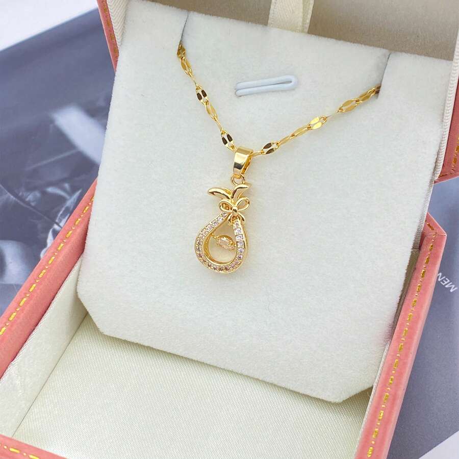 時尚鈦鋼項鍊好運錢包,雙圈,心形,鑰匙,皇冠和鳥吊墜,多功能鎖骨鏈,適用於女士 - 靈動小福袋 - 查看 1