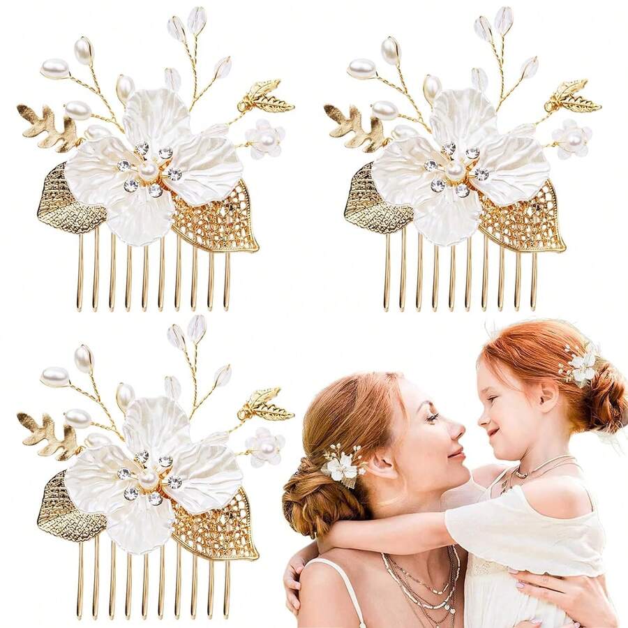 3PCS/Set Flower Girl Hair Pins Gold Leaf Wedding Hair Combs Bride Pearl Crystals Hair Clips Princess Hair Pieces White Flower Hair Accessories For Girl - Gold - View 1