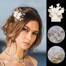 3PCS/Set Flower Girl Hair Pins Gold Leaf Wedding Hair Combs Bride Pearl Crystals Hair Clips Princess Hair Pieces White Flower Hair Accessories For Girl - Gold - View 5
