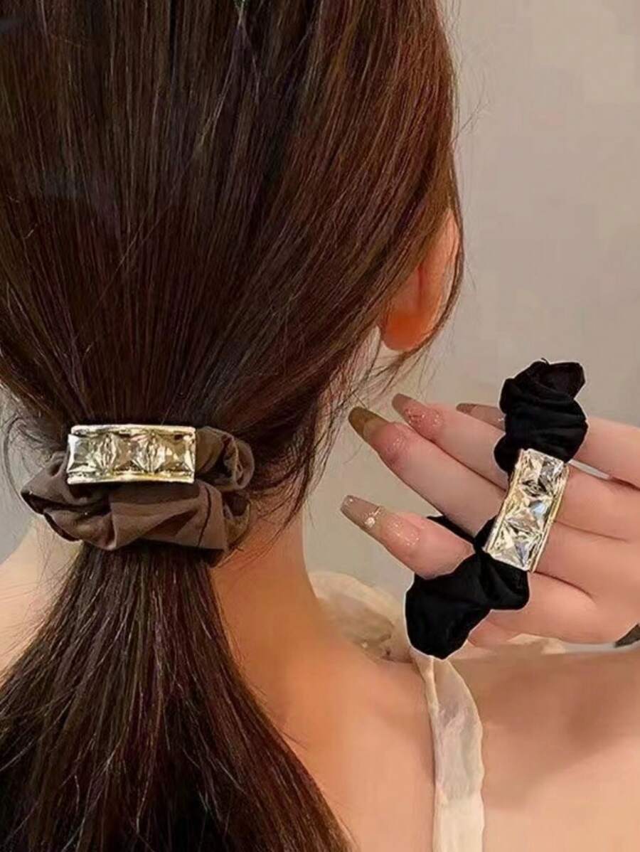 Royal 2pcs Women's Fashionable Metallic Rhinestone Decor Multicolor Ponytail Holder,Hair Accessories,Hair Elastics,Hair Ties,Hair Rope Ponytail Holders, Hair Bobbles Head Accessories Rubber Bands - Multicolor - View 1