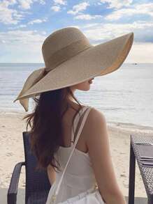 1pc Women Fashion Accessories Bow Decor Summer Beach Straw Hat - Beige - View 2