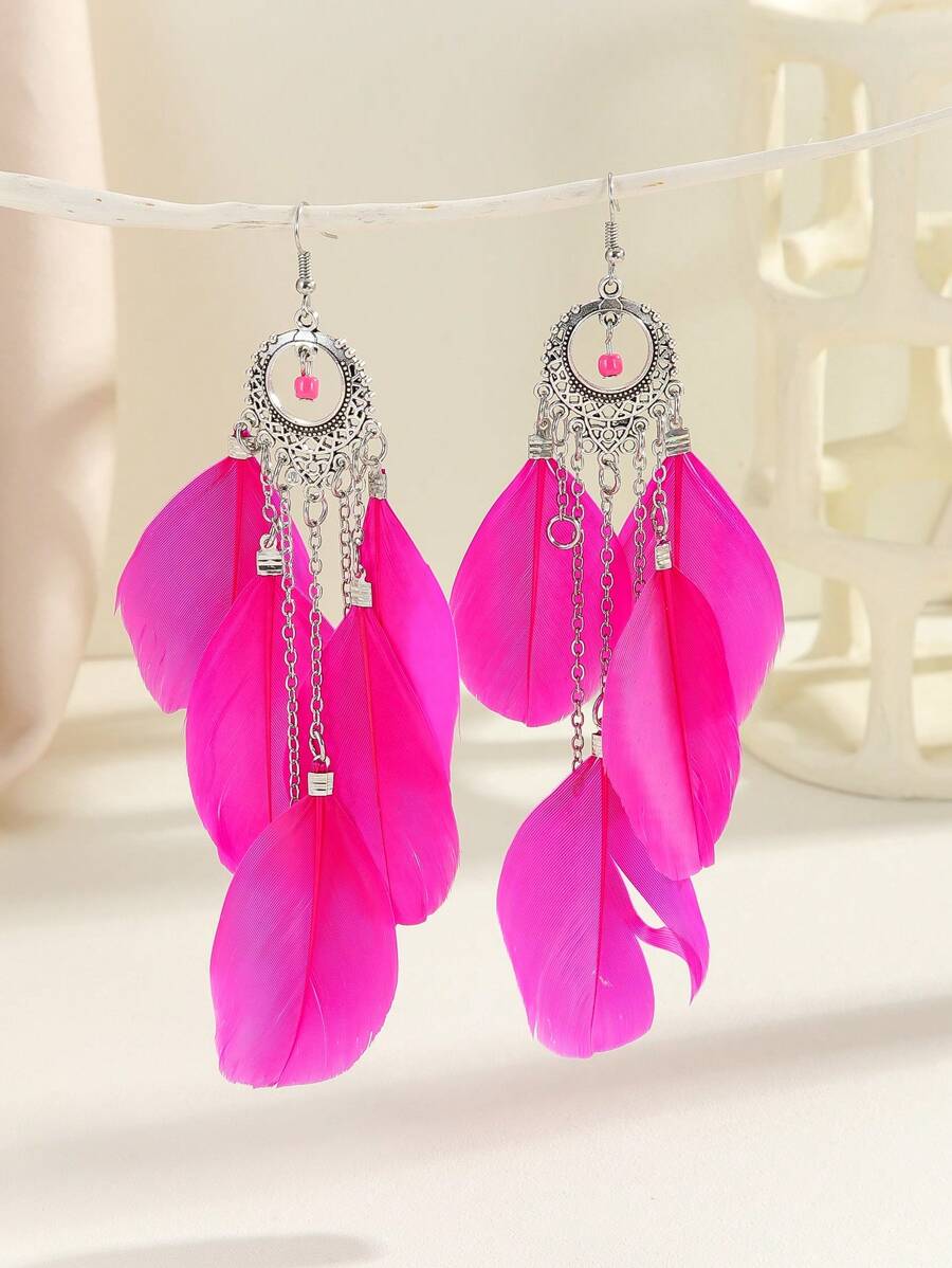 1 對簡單長多層羽毛耳環（天然羽毛的形狀和尺寸可能有所不同） - 玫紅色 - 查看 1