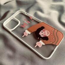 1pc Cute Girl Expression Black & White Edge Acrylic Phone Case Compatible With Apple Iphone Models Including Iphone 12 Mini/13 Mini/14/15 Plus - White - View 7