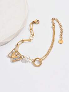 1 件时尚不对称白色珠子和蝴蝶设计不锈钢手链，适合女士，嘻哈风格，高端，多功能 - 金黃色 - 查看 4