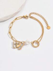 1 件时尚不对称白色珠子和蝴蝶设计不锈钢手链，适合女士，嘻哈风格，高端，多功能 - 金黃色 - 查看 5